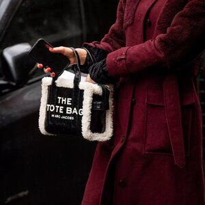 Marc Jacobs  Shiny Calfskin Faux Shearling Mini The Traveler Tote Bag Black